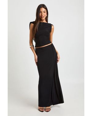 Boohoo Slinky Maxi Skirt With Mesh Drape - Black