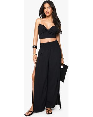 Boohoo Knot Front Top And Wide Leg Trouser - Black