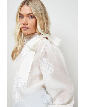 Oasis Embroidered Tie Neck Blouse - White