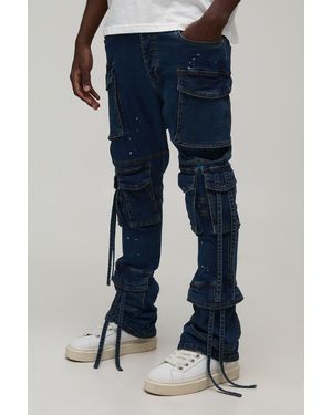 BoohooMAN Washed Stacked Flare Strap Detail Cargo Jeans - Blue