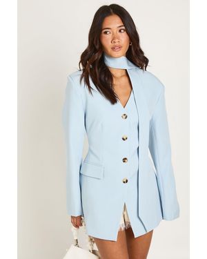 Boohoo Tailored Scarf Detail Shoulder Pad Blazer Dress - Blue