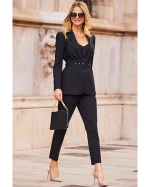 Sosandar Belted Tuxedo Blazer Jacket - Black