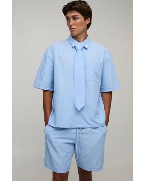 BoohooMAN Boxy Shirt, Tie & Short Set - Blue