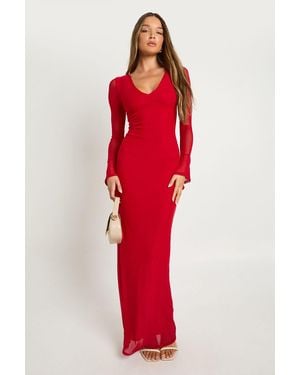 Boohoo Mesh Long Sleeve Maxi Dress - Red