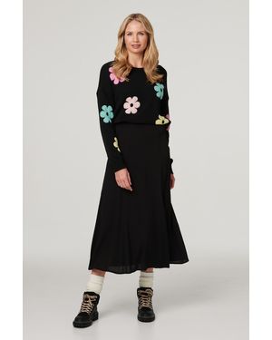 Izabel London Floral Long Sleeve Knit Pullover - Black