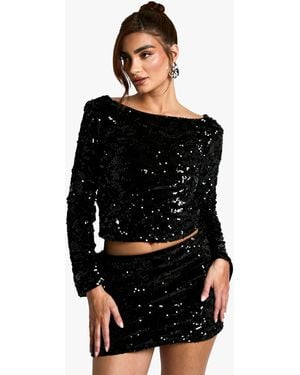 Boohoo Velvet Sequin Scoop Back Long Sleeve Top - Black