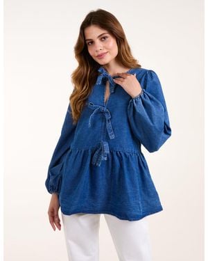 Blue Vanilla Tie-Front Long Sleeve Chambray Blouse - Blue