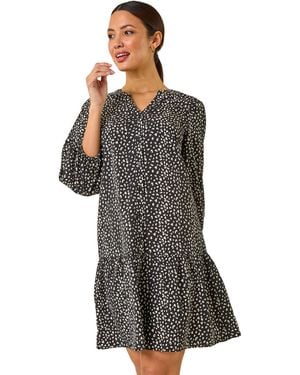 Roman Abstract Spot Frill Shirt Dress - Black