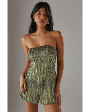 Warehouse Hand Embellished Sequin Fringe Stud Bandeau Playsuit - Green