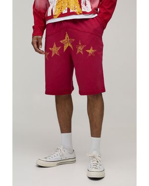 BoohooMAN Baggy Fit Western Studded Loopback Jersey Shorts - Red