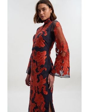 Karen Millen Baroque Organdie Applique And Beaded Bell Sleeve Woven Midi Dress - Red