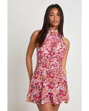 Boohoo Floral Chiffon Pleated Mini Dress - Red