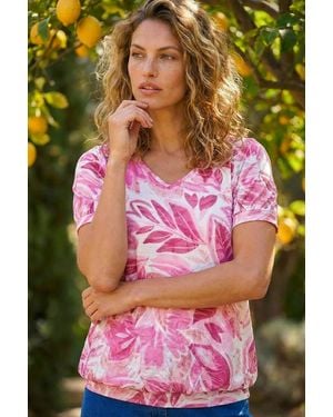 Roman Floral Print Burnout V-Neck Top - Pink