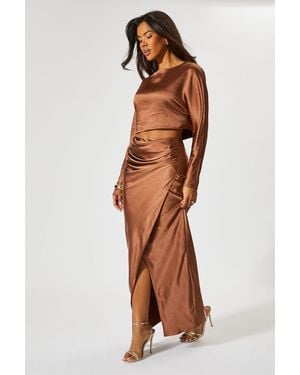 MissPap Premium Satin Top & Skirt Co Ord - Brown