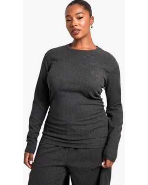 Boohoo Plus Ruched Side Long Sleeve Textured Top - Black