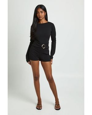 Boohoo Slash Neck Trim Waist Detail Playsuit - Black