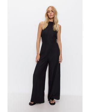 Warehouse Linen Halter Neck Wide Leg Jumpsuit - Blue