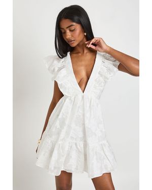 Boohoo Floral Burnout Lace Up Back Mini Dress - White