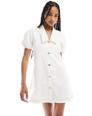 ASOS Denim Mini Dress With Collar And Puff Sleeves - White