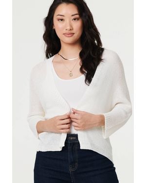 Izabel London Mesh Cropped 3/4 Sleeve Open Cardigan - White
