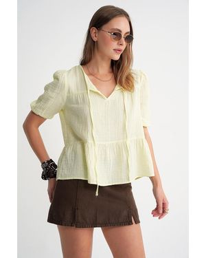 MixRay Textured Muslin Crew Neck Blouse With Binding Detail - White