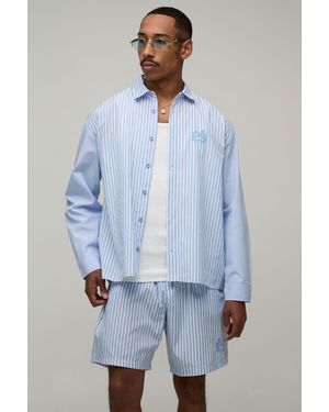 BoohooMAN Embroidered Spliced Stripe Oversized Shirt & Short Set - Blue