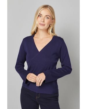 Wallis Petite Knitted Button Shoulder Jumper - Blue