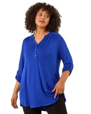 Roman Curve Buttoned Stretch Top - Blue
