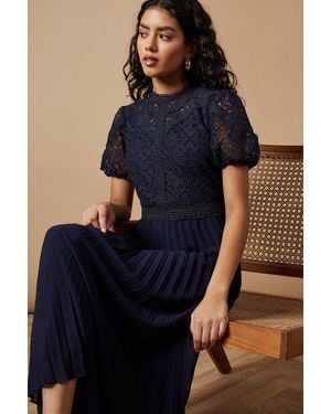 Oasis Petite Lace Puff Sleeve Pleated Midi Dress - Blue