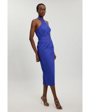 Karen Millen Tailored Cotton Sateen Pencil Belted Midi Dress - Blue