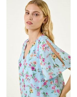 Roman Floral Angel Slv Top - Blue