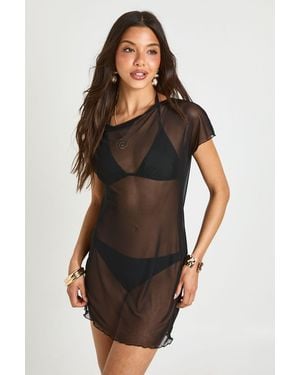 Boohoo Sheer Mesh Asym Cowl Back Mini Beach Dress - Black