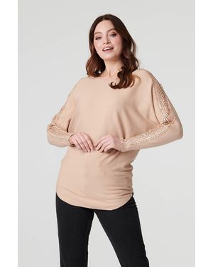Izabel London Sequin And Lace Sleeve Knit Pullover - Natural