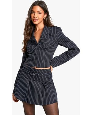 Boohoo Pinstripe Corset Cropped Blazer - Blue