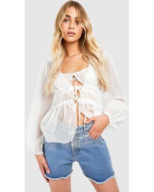 Boohoo Textured Tie Volume Sleeve Blouse - White