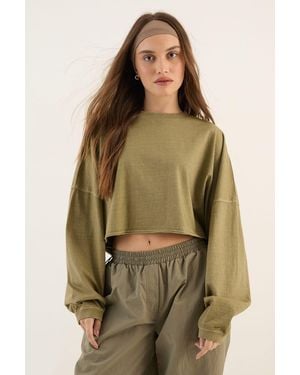 DSGN Studio Heavyweight Washed Oversized Long Sleeve Crop T-Shirt - Green