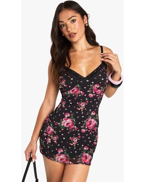 Boohoo Petite Ditsy Floral Contrast Lace Trim Mesh Slip Dress - Black