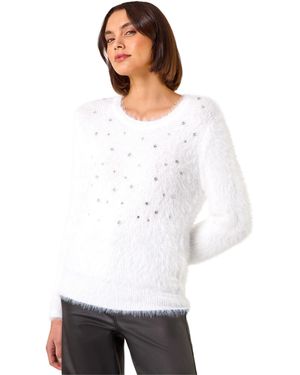 Roman Embellished Fluffy Knit Jumper - White