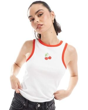 Pieces Racer Neck Vest Top With Embroiderd Cherry Graphic - White