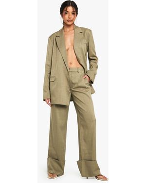 Boohoo Tailored Woven Turn Up Hem Wide Leg Trouser - Natural