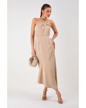 MissPap Satin One Shoulder Asymmetric Maxi Dress - Natural