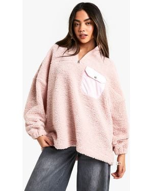 Boohoo Nylon Pocket Detail Oversized Half Zip Borg Sweatshirt - Pink