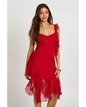 Boohoo Chiffon Ruffle Detail Asymmetric Midi Dress - Red