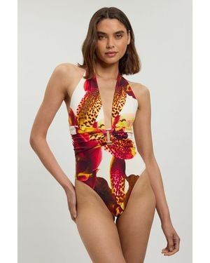 Karen Millen Orchid Print Plunge Swimsuit - Red