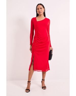 PRINCIPLES Ruched Draw Cord Detail Mesh Midi Dress - Red