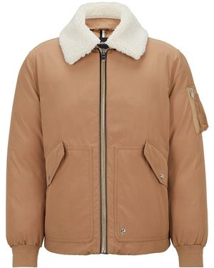 BOSS Calliano Solid Patterned Shawl Collared Ribbed Cuff Aviator Jacket - Brown