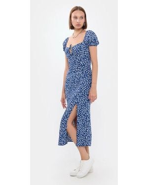 Hiccup Floral Off Shoulder Side Slit Midi Dress - Blue