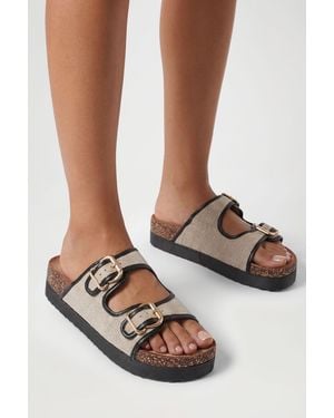 Boohoo Contrast Detail Double Buckle Flatform Sliders - Black