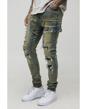 BoohooMAN Tall Stacked Skinny Multi Rip Carpenter Jeans - Green