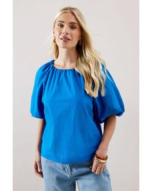 Wallis Petite Puff Sleeve Cotton Poplin Top - Blue